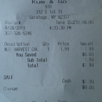 Kum & Go - 2019-08-28 / Nut harvest Chl $1.99 - Gas Stations Near Me - Saratoga, Wyoming Kum & Go - 2019-08-28 / Nut harvest Chl $1.99 - Gas Stations Near Me - Saratoga, Wyoming