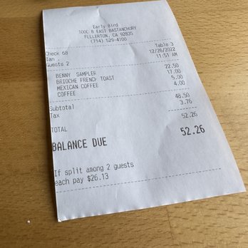 Early Bird - Receipt - New American Near Me - Fullerton, California Early Bird - Receipt - New American Near Me - Fullerton, California