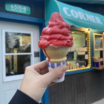 Lake Ann Corner Cone - Chocolate soft serve with Cherry dip - Ice Cream & Frozen Yogurt Near Me - Lake Ann, Michigan Lake Ann Corner Cone - Chocolate soft serve with Cherry dip - Ice Cream & Frozen Yogurt Near Me - Lake Ann, Michigan