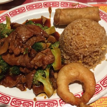 Mandarin Garden - Beef with broccoli, egg roll, large tempura shrimp, and fried rice - Chinese Near Me - Blue Jay, California