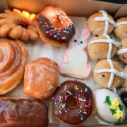 Donut Days Bakery - Cruller Iced Cookie  Chocolate Frosted Sprinkles Hot Cross Buns Custard filled Long John  Jelly filled Honeybun  Decorated Egg Cakes