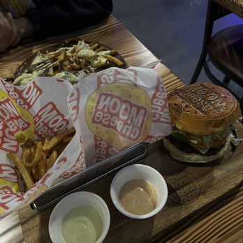 Moon Cheese Restaurant - a burger and fries on a tray - Pizza Near Me - East Elmhurst, New York Moon Cheese Restaurant - a burger and fries on a tray - Pizza Near Me - East Elmhurst, New York