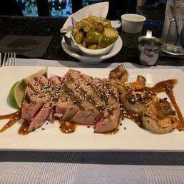 Yellow fin tuna with bacon Brussel sprouts.