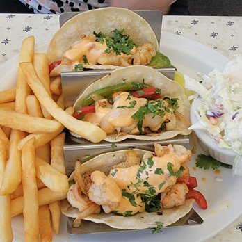 Sandbar & Grill - Shrimp tacos, with spicy chipotle sauce. French fries. - Seafood Near Me - Monterey, California