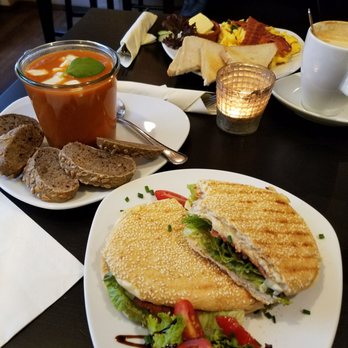 Café Mütlich - Tomato soup w/chunks of mozarella chesse in it. Center is the bacon, cheese, and lettuce panini. Friend is having eggs,bacon, with toast. - Cafes Near Me - Berlin, BE Café Mütlich - Tomato soup w/chunks of mozarella chesse in it. Center is the bacon, cheese, and lettuce panini. Friend is having eggs,bacon, with toast. - Cafes Near Me - Berlin, BE