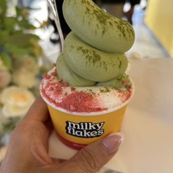 Milky Flakes - Soft serve/ half matcha and half Hokkaido milk - Ice Cream & Frozen Yogurt Near Me - Walnut Creek, California Milky Flakes - Soft serve/ half matcha and half Hokkaido milk - Ice Cream & Frozen Yogurt Near Me - Walnut Creek, California
