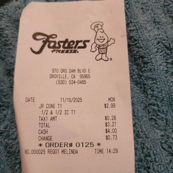 Fosters Freeze - November 10 receipt - Ice Cream & Frozen Yogurt Near Me - Oroville, California