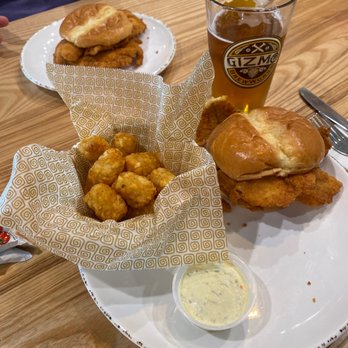 Showmars - Flounder sandwich with Fix Hellas beer and tots - Southern Near Me - Durham, North Carolina