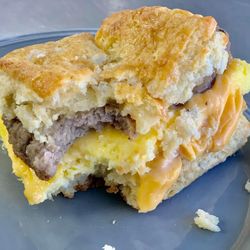 Sausage, egg, and cheese breakfast sandwich on a homemade biscuit