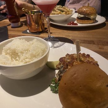 Yard House - Blue cheese and bacon burger on gluten free bread with jasmine rice and a cosmopolitan - New American Near Me - San Jose, California