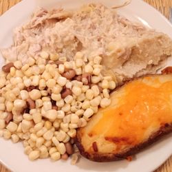 Bestfood Cafeteria - Chicken pot pie, baked potato, and corn with black eyed peas.