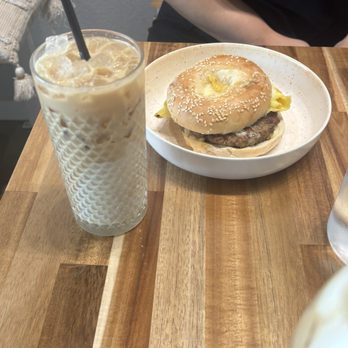 Coffee Crush - Sausage & Egg bagel sandwich and tres leche latte - Coffee & Tea Near Me - San Antonio, Texas