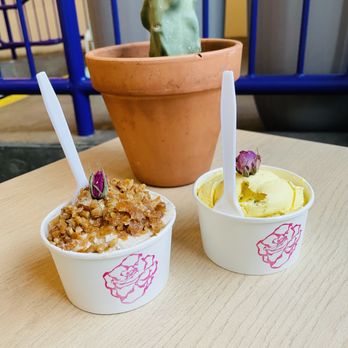 Kinrose Creamery - Single Scoops of Walnut Baklava (left) and Saffron Pistachio Rose (right). - Ice Cream & Frozen Yogurt Near Me - Pasadena, California Kinrose Creamery - Single Scoops of Walnut Baklava (left) and Saffron Pistachio Rose (right). - Ice Cream & Frozen Yogurt Near Me - Pasadena, California