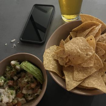 Oceanside Fish Shop - Ceviche, tortilla chips, pint of Societe - Seafood Near Me - Oceanside, California