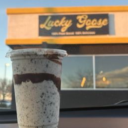 Exterior outside entrance of Lucky Goose Uptown - Cookies and cream oat milk shake - Albuquerque, New Mexico Exterior outside entrance of Lucky Goose Uptown - Cookies and cream oat milk shake - Albuquerque, New Mexico