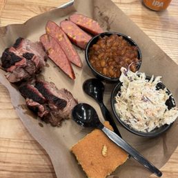 Brisket, Jalapeño & cheese, baked beans, cornbread and coleslaw
