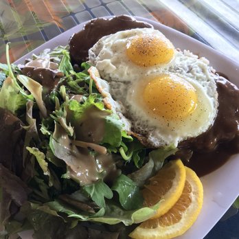 Ka'aha'aina Cafe - Hamburger Steak plate  Orange Juice  Bread Pudding - Seafood Near Me - Waianae, Hawaii