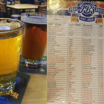 JB's Pour House - Our beers (on left), beer list (on right). - New American Near Me - Hermitage, Tennessee JB's Pour House - Our beers (on left), beer list (on right). - New American Near Me - Hermitage, Tennessee