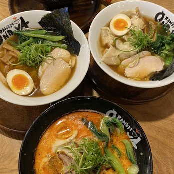 Onoya Ramen - Black bows: Tonkotsu Tan Tan Men Left white bow: Shoyu Ramen Right white bow: Shrimp Wonton Ramen - Ramen Near Me - Honolulu, Hawaii Onoya Ramen - Black bows: Tonkotsu Tan Tan Men Left white bow: Shoyu Ramen Right white bow: Shrimp Wonton Ramen - Ramen Near Me - Honolulu, Hawaii