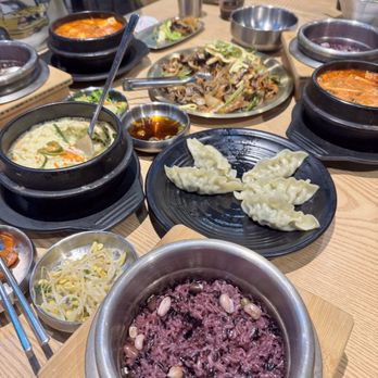 Seoul Tofu - Purple rice, steamed egg, P3. Steamed Pork Dumplings (찐 만두) E14. Beef Japchae (소고기 찹채)tofu soups. - Korean Near Me - Queens, New York