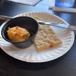 Homemade pimento cheese with spicy crackers!  Yum!!