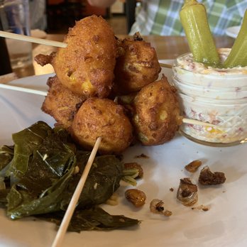 Square Root - Hush puppies, pimento cheese spreads, okra & turnip green appetizer. - American Near Me - Brevard, North Carolina