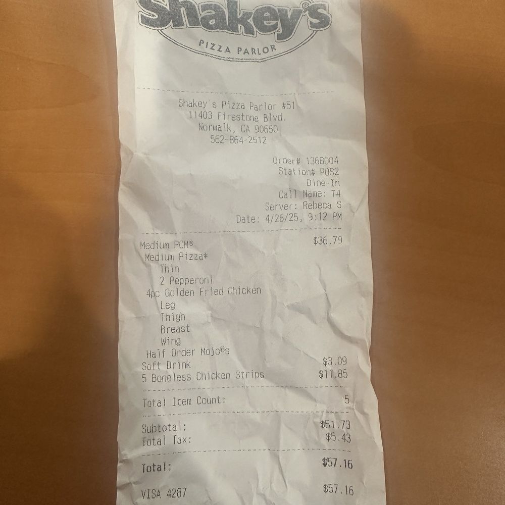 Shakeys earned our business after we were turned away at Mountain Mikes Shakeys earned our business after we were turned away at Mountain Mikes