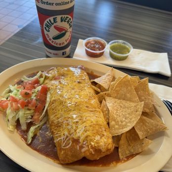 Chile Verde - Carne asada wet burrito with a small salad, chips and drink - Mexican Near Me - Torrance, California