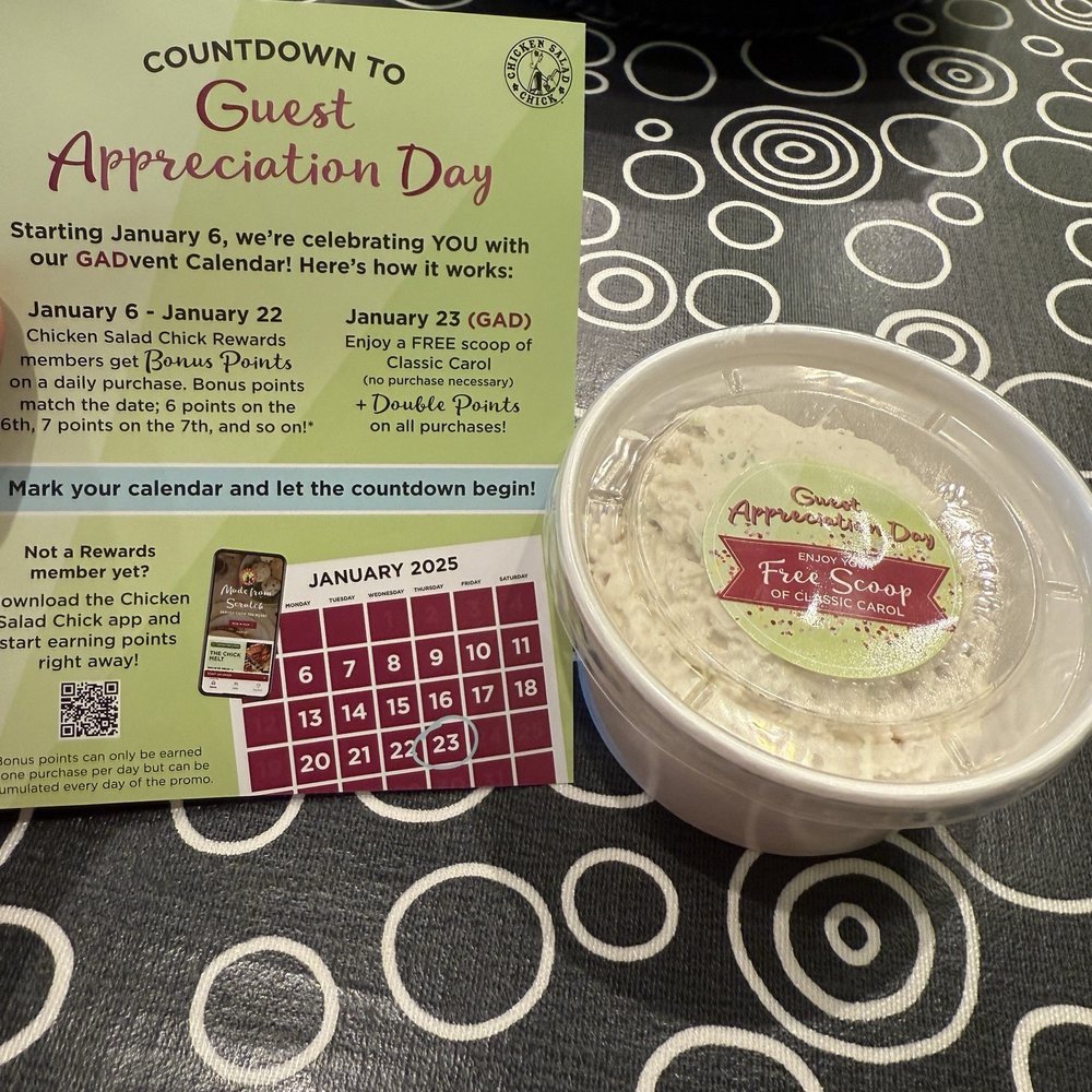 Chicken Salad Chick - Scoop of chicken salad for Customer Appreciation Day. - Southern Near Me - Whitestown, Indiana Chicken Salad Chick - Scoop of chicken salad for Customer Appreciation Day. - Southern Near Me - Whitestown, Indiana