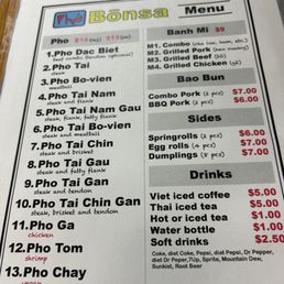Pho Bonsa menu.