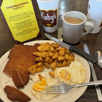 Kuby's Sausage House - Pork Wiener Schnitzel, eggs, country potatoes - Meat Shops Near Me - Dallas, Texas
