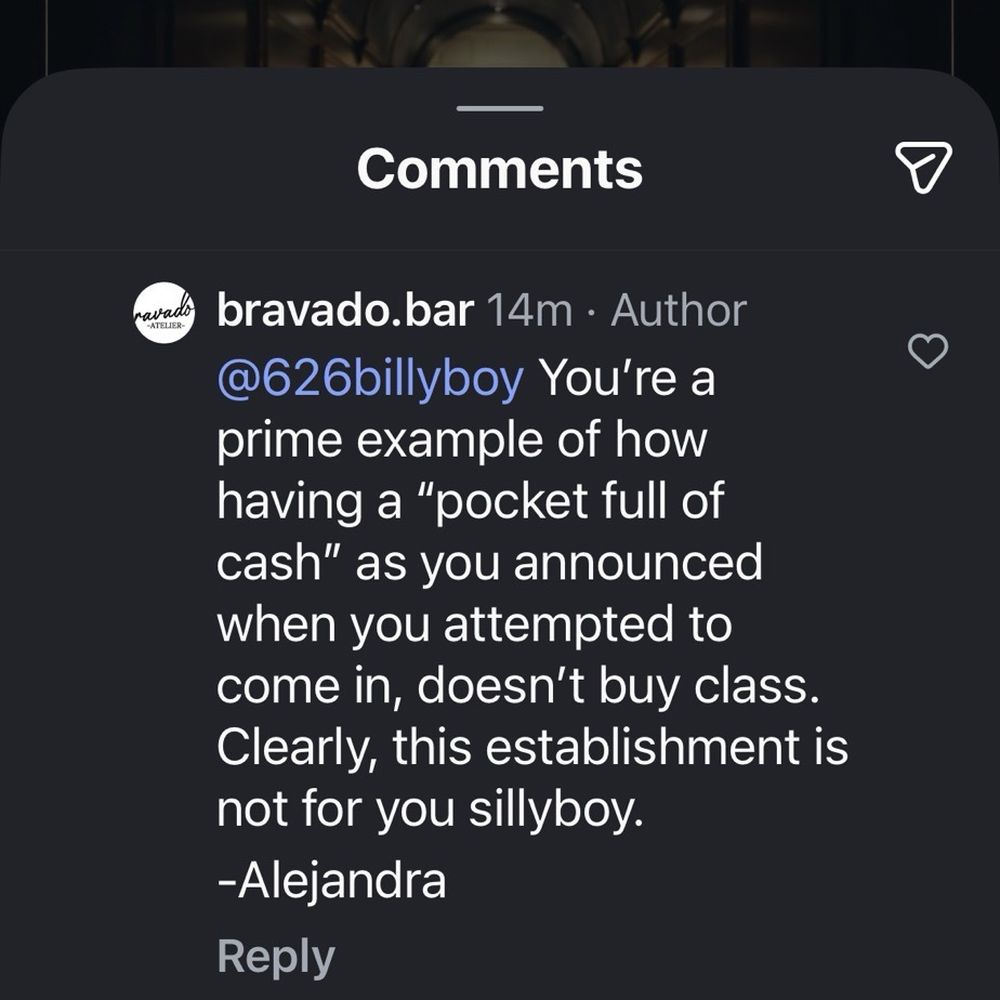 Bravado - These are comments from Bravado and Alejandra. All the hostess said was "No hats allowed" and then this lurchy guy escorted me out. - Tapas/Small Plates Near Me - Covina, California