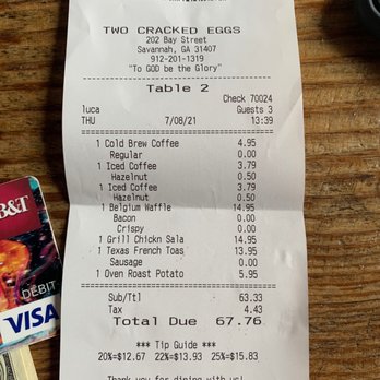 Two Cracked Eggs Cafe - Our check - Breakfast & Brunch Near Me - Savannah, Georgia