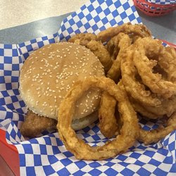 Major's Restaurant - Jr Fried Chicken Burger with onion rings