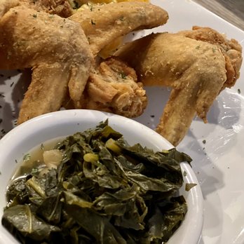 Della J's Delectables - Fried chicken wings and collard greens.  You can see the Mac peeking in the back. - Southern Near Me - Alexandria, Virginia