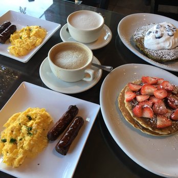 V Boulevard Cafe - Nutella and match green tea pancakes. White chocolate latte and chai latte w/soy milk (no latte art for soy milk lattes) - Coffee & Tea Near Me - Glendale, California