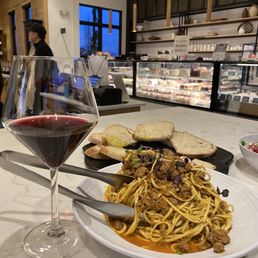 Spaghetti Bolognese, bread, 2024 Zinfandel. Spaghetti Bolognese, bread, 2024 Zinfandel.