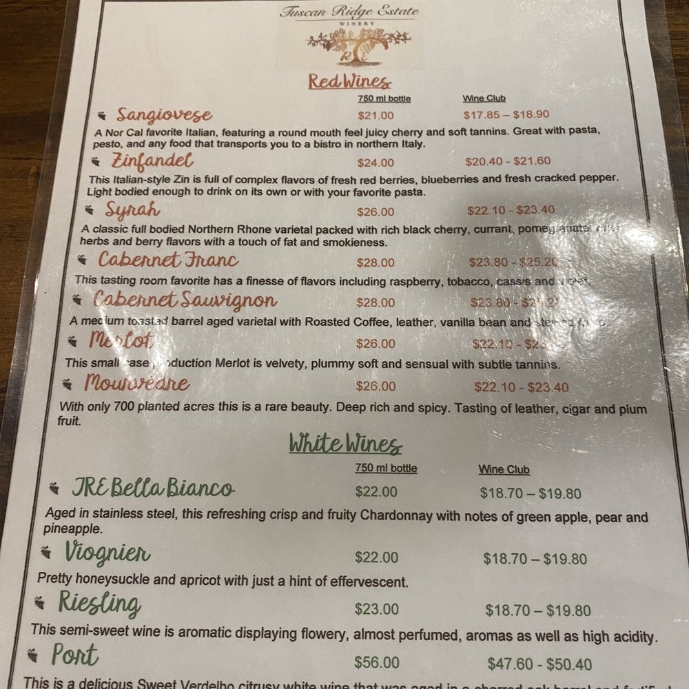 Tuscan Ridge Estate Winery - Wine menu - Wineries Near Me - Red Bluff, California Tuscan Ridge Estate Winery - Wine menu - Wineries Near Me - Red Bluff, California