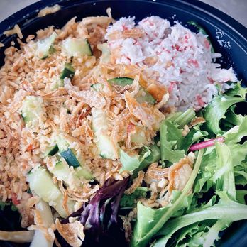 LOCO ONO - Keiki Krab salad poke bowl over greens w/ yellow & green onions, unagi & creamy miso sauce, fried garlic & shallots. - Poke Near Me - Reno, Nevada
