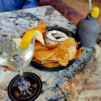 Death & Co - Nurturing Rain cocktail with Chips &Dips, both delicious! - Cocktail Bars Near Me - Denver, Colorado Death & Co - Nurturing Rain cocktail with Chips &Dips, both delicious! - Cocktail Bars Near Me - Denver, Colorado