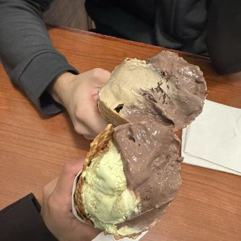 Brown Cow Ice Cream Parlor - Top: chocolate peanut butter & caramel macchiato   Bottom: chocolate peanut butter & key lime pie - Ice Cream & Frozen Yogurt Near Me - Forest Park, Illinois