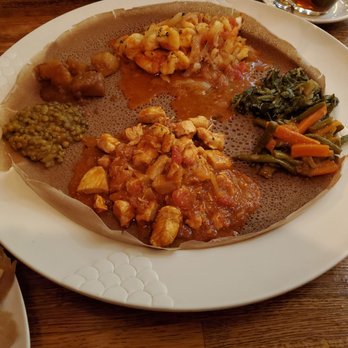 Mesobrestaurant.Com - Shrimp, chicken, collards, potatoes, lentils, and mixed veggies - Ethiopian Near Me - Montclair, New Jersey