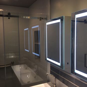 All Eco Design Center - Upstairs Master Bath.  LED lighted medicine cabinets and shower - Flooring Near Me - Wheaton, Maryland