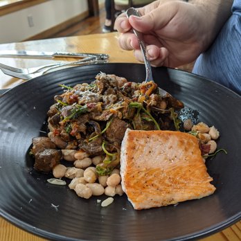 Bridgewater Bistro - Mushroom ragout with slamon - New American Near Me - Astoria, Oregon
