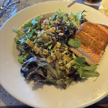 Ruscello at Nordstrom - Cilantro lime salad with salmon. Salad included grilled corn, pumpkin seed, tomatoes - Mediterranean Near Me - Honolulu, Hawaii Ruscello at Nordstrom - Cilantro lime salad with salmon. Salad included grilled corn, pumpkin seed, tomatoes - Mediterranean Near Me - Honolulu, Hawaii