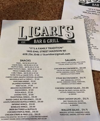 Menu photo 3 Licari's Bar and Grill Madison, WI