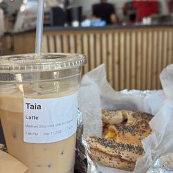 SDK’s Cafe and Coffee - Caramel Iced Latte, Bacon Egg and Cheese on a Poppy Bagel Breakfast Sandwich
