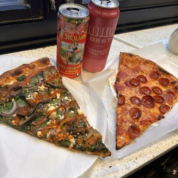 Little Pizza Parlor - Pepperoni pizza and a slice of Mediterranean pizza with two Italian drinks. - Pizza Near Me - Brooklyn, New York Little Pizza Parlor - Pepperoni pizza and a slice of Mediterranean pizza with two Italian drinks. - Pizza Near Me - Brooklyn, New York