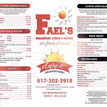Fael's Breakfast Lunch & Dinner - Menu - Breakfast & Brunch Near Me - Quincy, Massachusetts