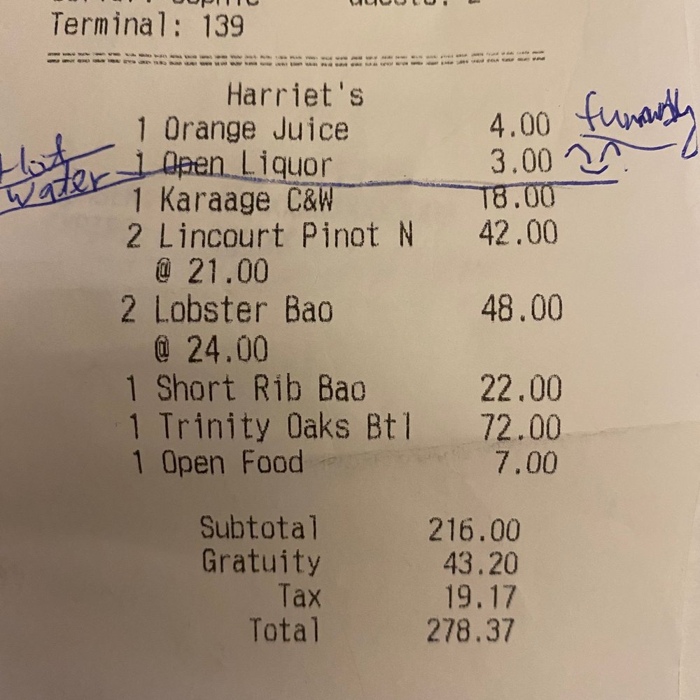 Harriet's Rooftop - They did not have the gut to list 'hot water' in the item list, but they did have the gut to tell me 'yeah we charge a fee for water'. - Lounges Near Me - Brooklyn, New York Harriet's Rooftop - They did not have the gut to list 'hot water' in the item list, but they did have the gut to tell me 'yeah we charge a fee for water'. - Lounges Near Me - Brooklyn, New York